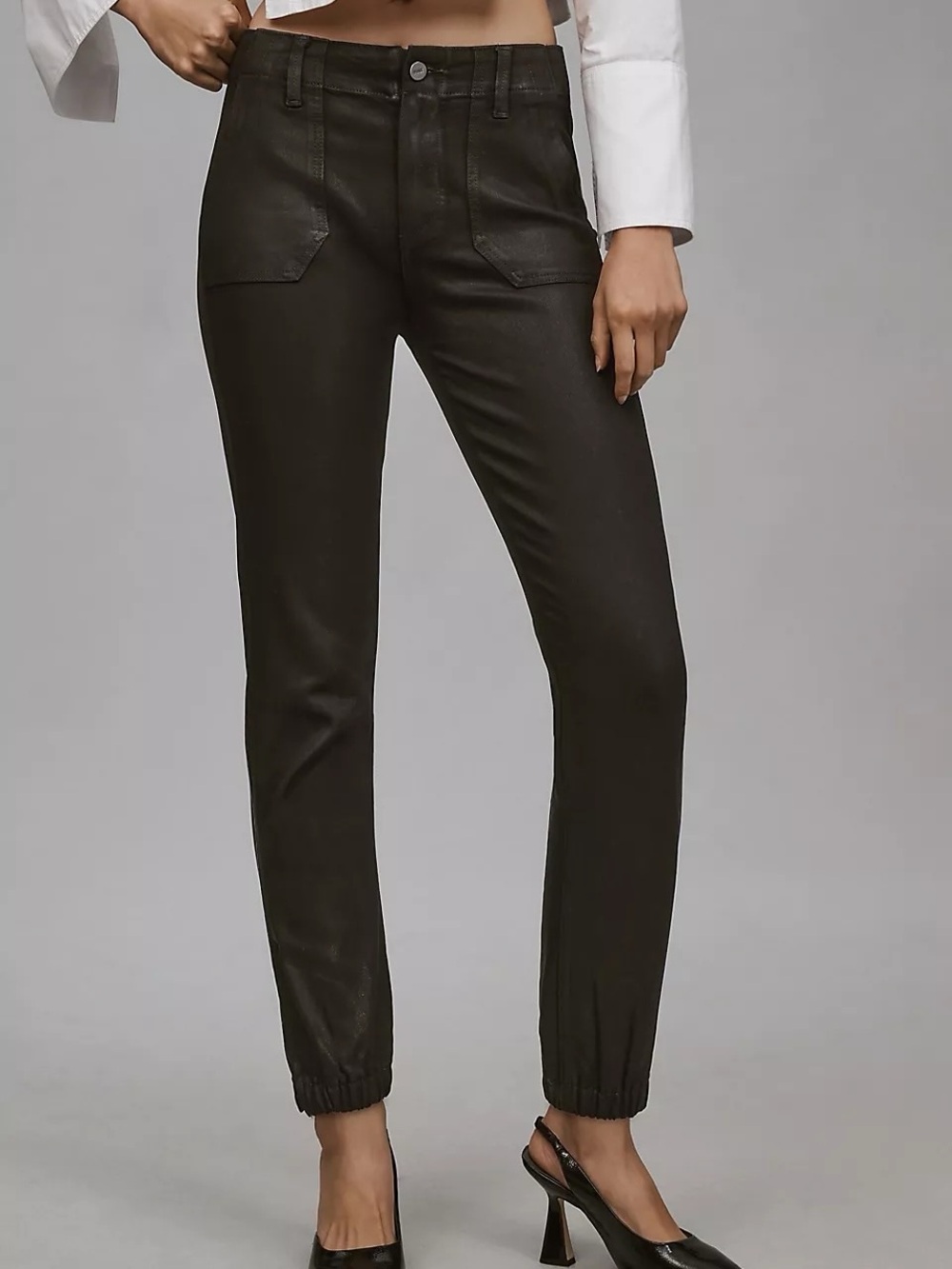Paige Mayslie Mid-Rise Jogger Jeans in Black Fog Luxe Coating Size 30 NWT